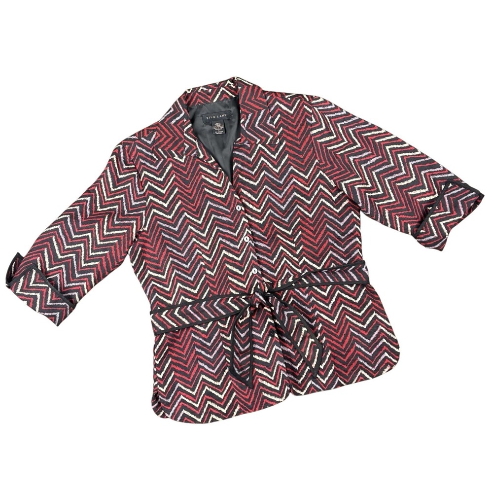 Silk Land 100% Silk Women's Blouse Chevron Belted Button Down Lined Shirt Size L